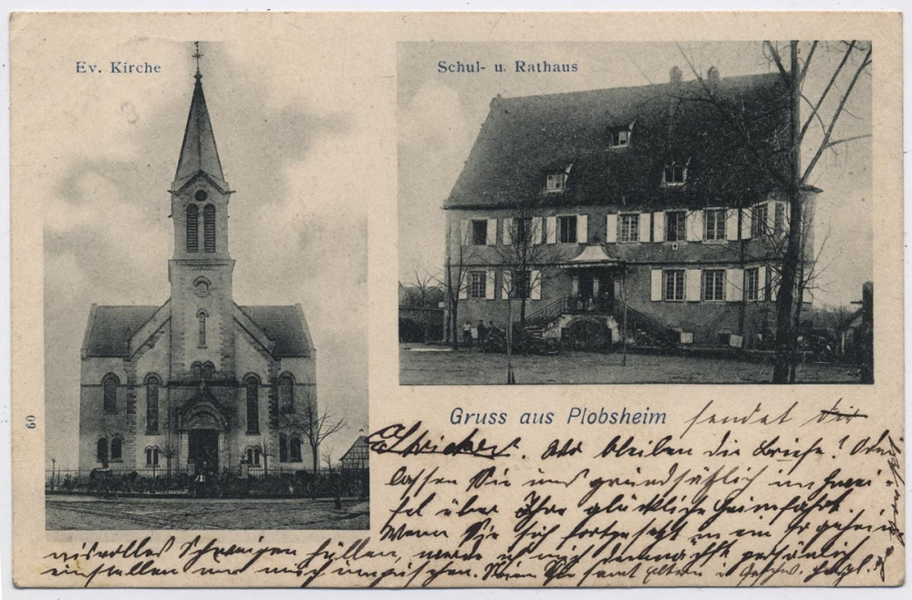Gruss aus Plobsheim - Ev. Kirche - Schul- u. Rathaus.