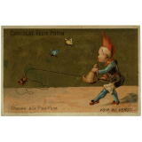 Carte réclame. Chocolat Félix Potin. Chasse aux papillons.