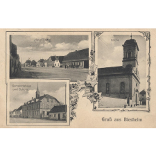 Gruss aus Biesheim - Hauptstrasse - Kirche - Gemeindehaus und Schule.
