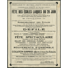 Affiche. Programme de la fête des écoles laïques organisée par la Fédération des oeuvres laïques d'Indre-et-Loire. 