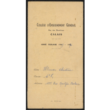Carnet de correspondance. Collège d'Enseignement Général Rue des Maréchaux Calais. Année scolaire 1969-1970.