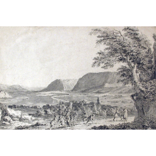 Vue de Motier-Travers et de ses environs dans le Comté de Neuchatel, avec le Tableau de la fermeté du Philosophe de Genève. J. J. Rousseau. 