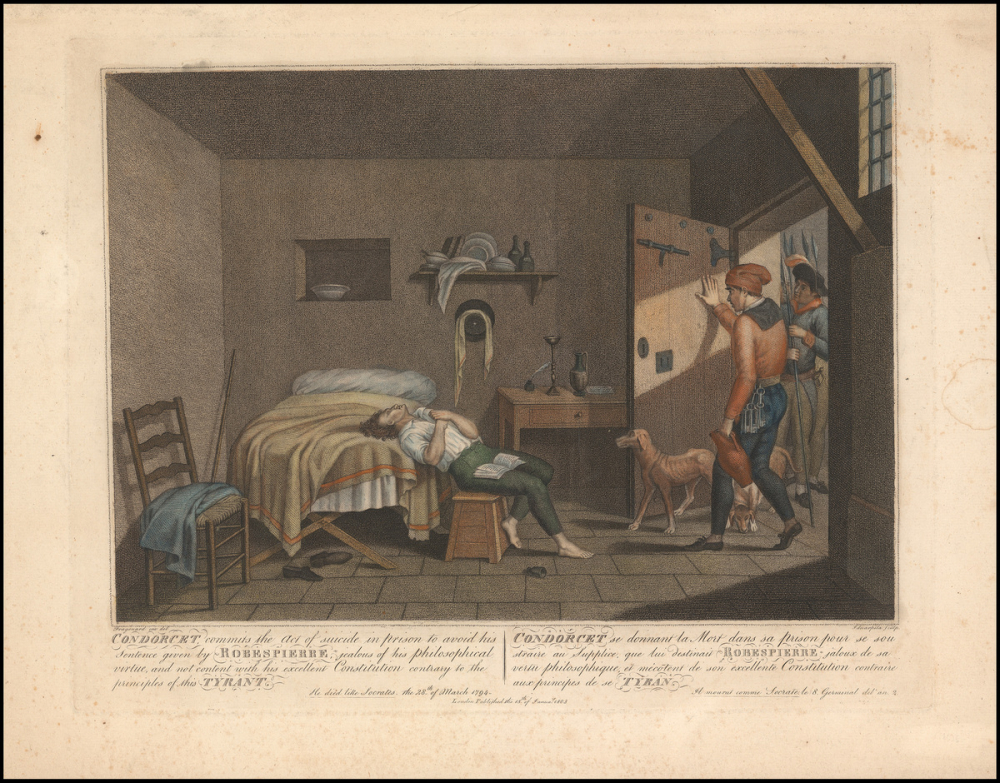 Condorcet se donnant la mort dans sa prison. Condorcet commits the act of suicide in prison.