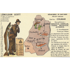 Émulsion Scott - Débilité générale, croissance, dentition, bronchite, rachitisme - Département du Haut-Rhin - 490.654 habitants - Chef-Lieu : Colmar - Sous-préfectures : Ribeauvillé, Guebwiller, Thann, Mulhouse, Altkirch.
