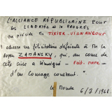 L'Alliance Républicaine pour les Libertés et le Progrès que préside Mr Tixier-Vignancour adresse ses félicitations déférentes à Mr le doyen Zamansky.