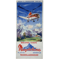 Buvard publicitaire. Biscottes Magdeleine. Hélicoptère en vol.