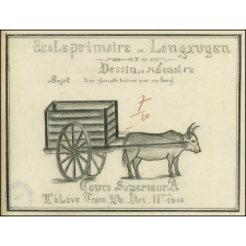 Cochinchine/Dessin de mémoire : une charrette traînée par un bœuf.