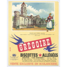 Buvard publicitaire. Biscottes allégées Grégoire. Église Saint-Pierre, Uzerches.