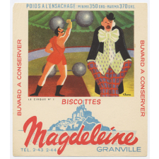 Buvard publicitaire. Biscottes Magdeleine. Haltérophile et Clown. 