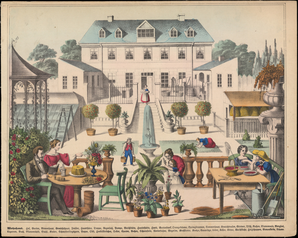 Wohnhaus. Hof, Garten, Bienenhaus, Gewächshaus, Fenster, Haustüre, Treppe, Regenfass, Pump....