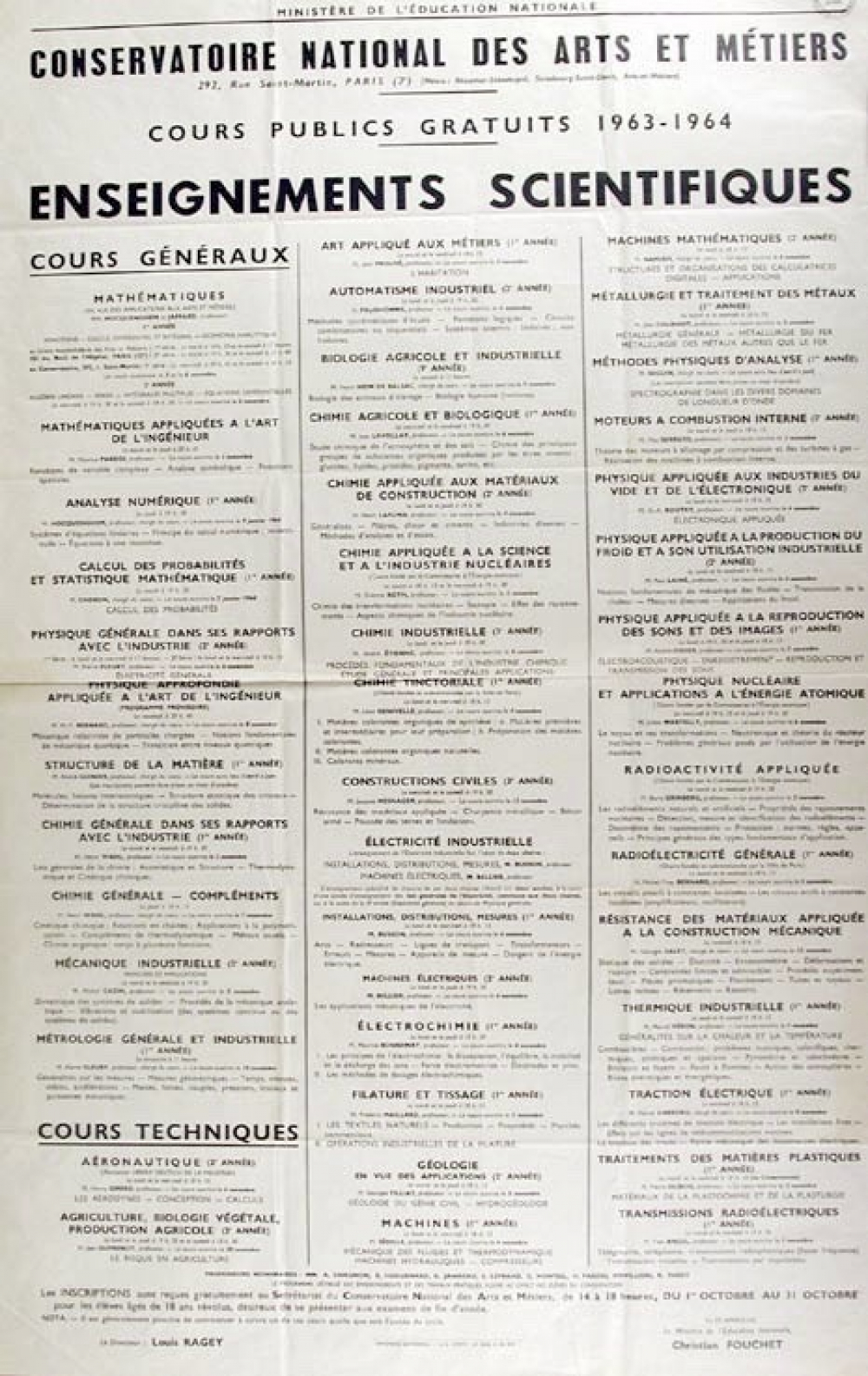 Ministère de l'Education Nationale - Conservatoire National des Arts et Métiers, Cours publics gratuits 1963-1964, Enseignements scientifiques.