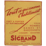 Buvard publicitaire. Vêtements Sigrand.
