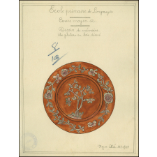 Cochinchine/Dessin de mémoire : un plateau en bois décoré.