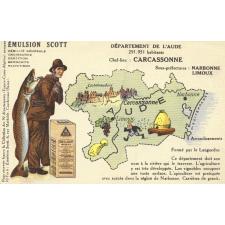 Émulsion Scott - Débilité générale, croissance, dentition, bronchite, rachitisme - Département de l'Aude - 238.253 habitants - Chef-lieu : Carcassonne - Sous-préfectures : Narbonne, Limoux.