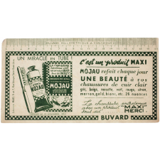Buvard publicitaire. Mojau refait chaque jour une beauté à vos chaussures de cuir clair.