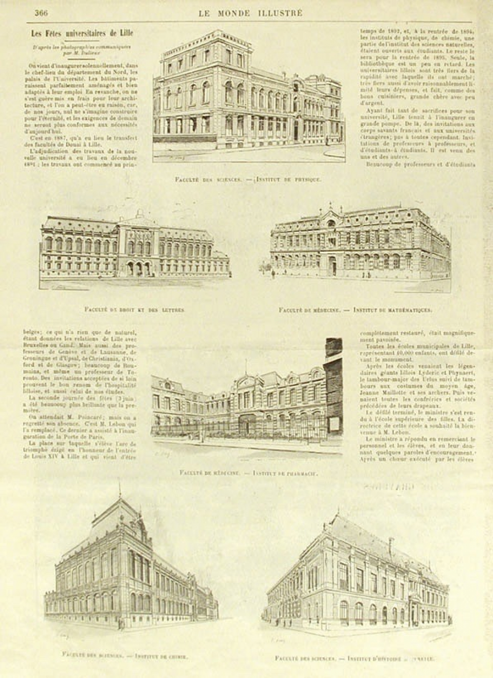 Les Fêtes universitaires de Lille. Faculté des sciences : Institut de Physique. Faculté de Droit et des Lettres. Faculté de Médecine : Institut de Mathématiques. Faculté de médecine : Institut de Pharmacie. Faculté des Sciences : Institut de Chimie. Faculté des sciences : Institut d'histoire naturelle.