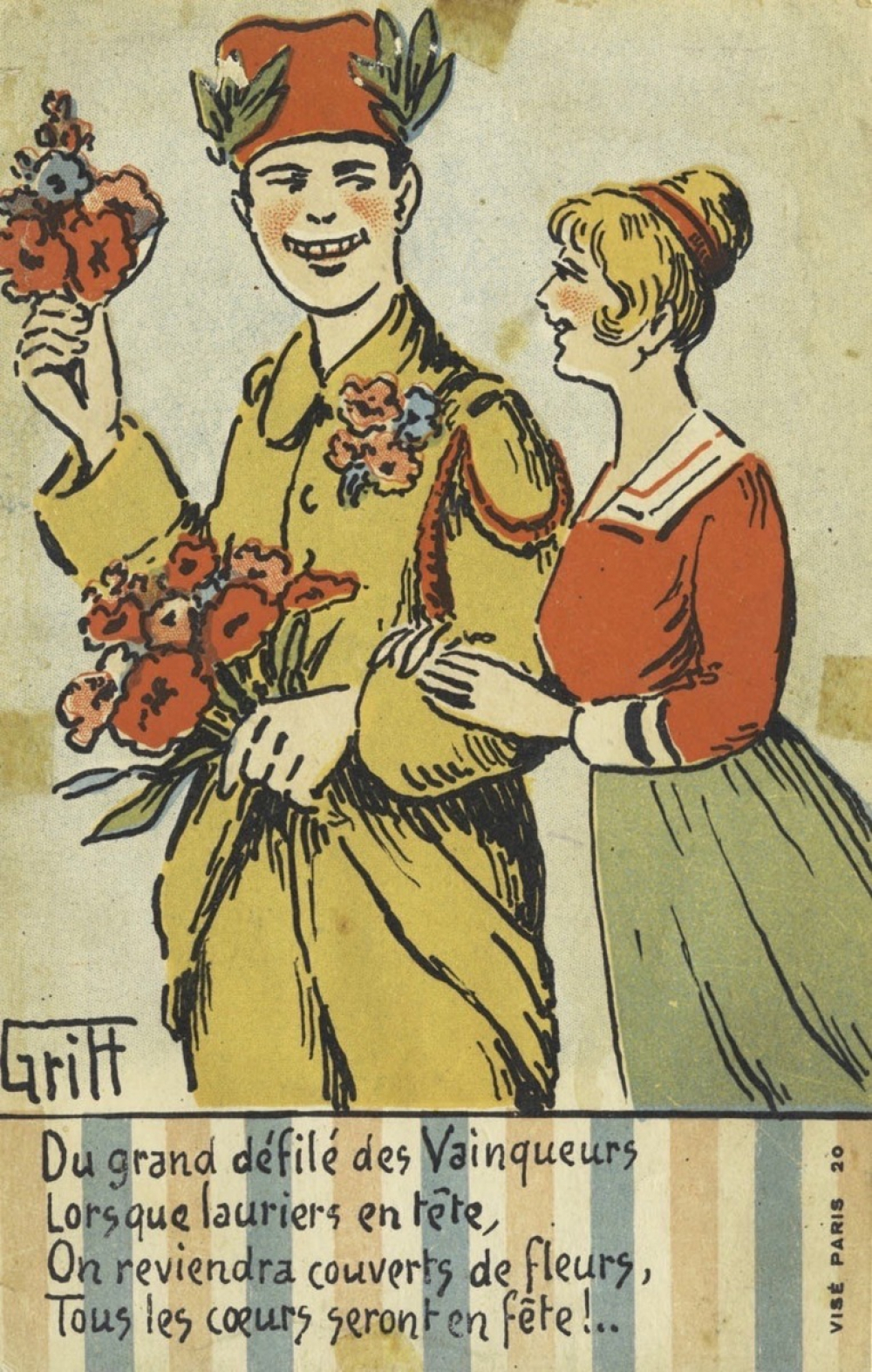 Du grand défilé des Vainqueurs / Lorsque lauriers en tête / On reviendra couverts de fleurs, / Tous les coeurs seront en fête!…