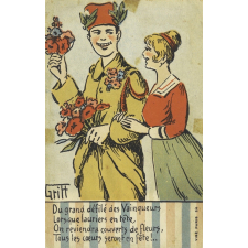 Du grand défilé des Vainqueurs / Lorsque lauriers en tête / On reviendra couverts de fleurs, / Tous les coeurs seront en fête!…