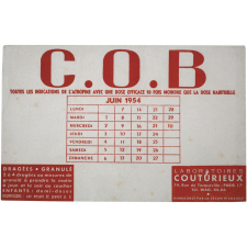 Buvard publicitaire. Dragées-Granulés C.O.B. Calendrier de Juin 1954.