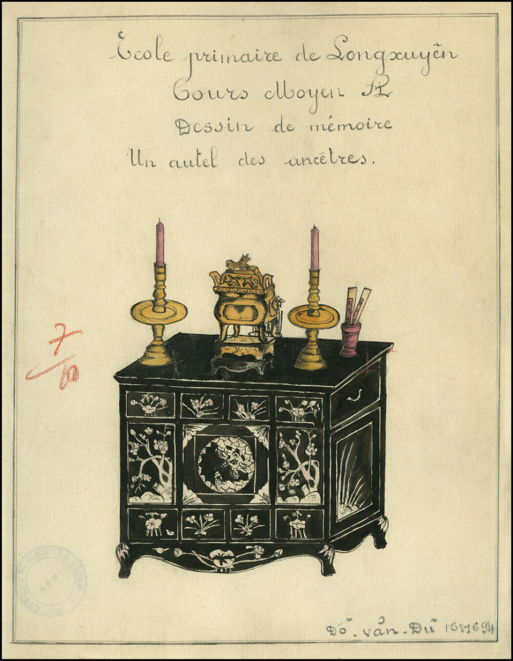 Cochinchine/Dessin de mémoire : un autel des ancêtres.