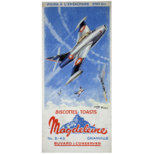Buvard publicitaire. Biscottes Magdeleine. Avion de chasse en vol. 