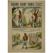 Carte réclame. Grand Saint Denis. Fable de la Fontaine. Le Renard & les Raisins.