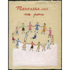 Marie assise sur une pierre.