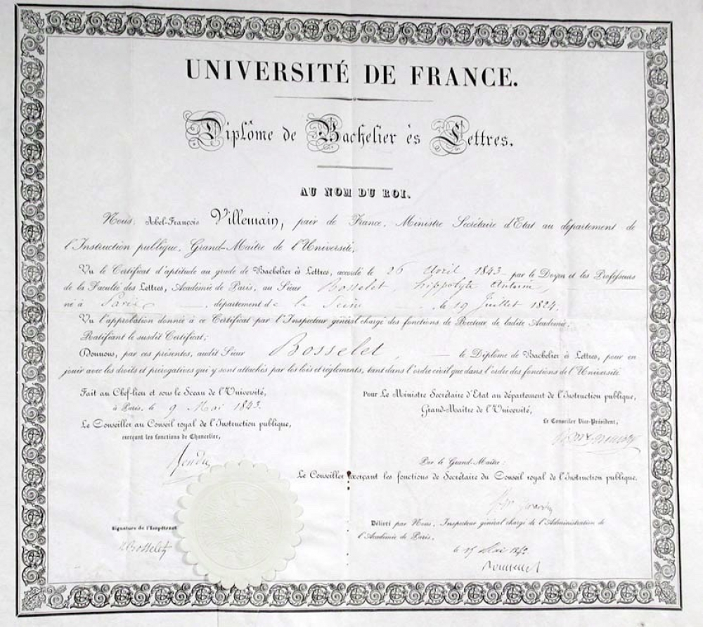 Université de France - Diplôme de Bachelier ès Lettres. Au nom du Roi.
