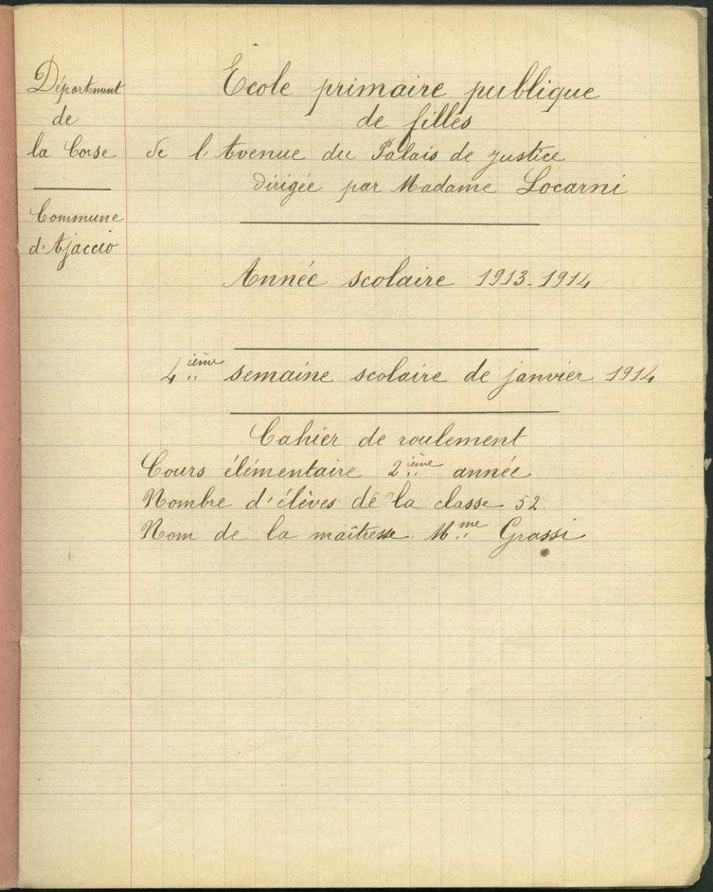 Cahier de roulement / Ecole primaire publique de filles de l'Avenue du Palais de Justice - Ajaccio.