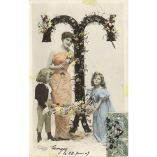 Femme et enfants avec des fleurs. 