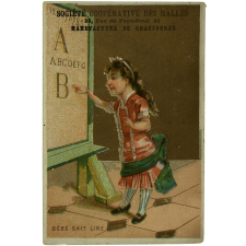 Carte réclame. Société coopérative des Halles. Bébé sait lire.