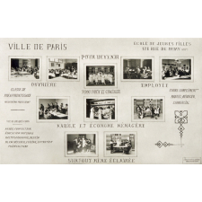 Ville de Paris - Ecole de Jeunes Filles 123 rue de Patay (XIIIe) - Vues de quelques cours : modes, confection, éducation physique, dactylographie, dessin, blanchissage, cuisine, entretien, puériculture