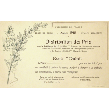 Ex-praemio . Université de France. Ville de Reims. Année 1915. Ecoles publiques.