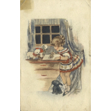 Fillette dessinant son chat. 
