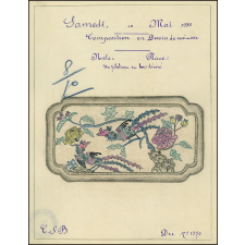 Cochinchine/Dessin de mémoire : un plateau en bois décoré.