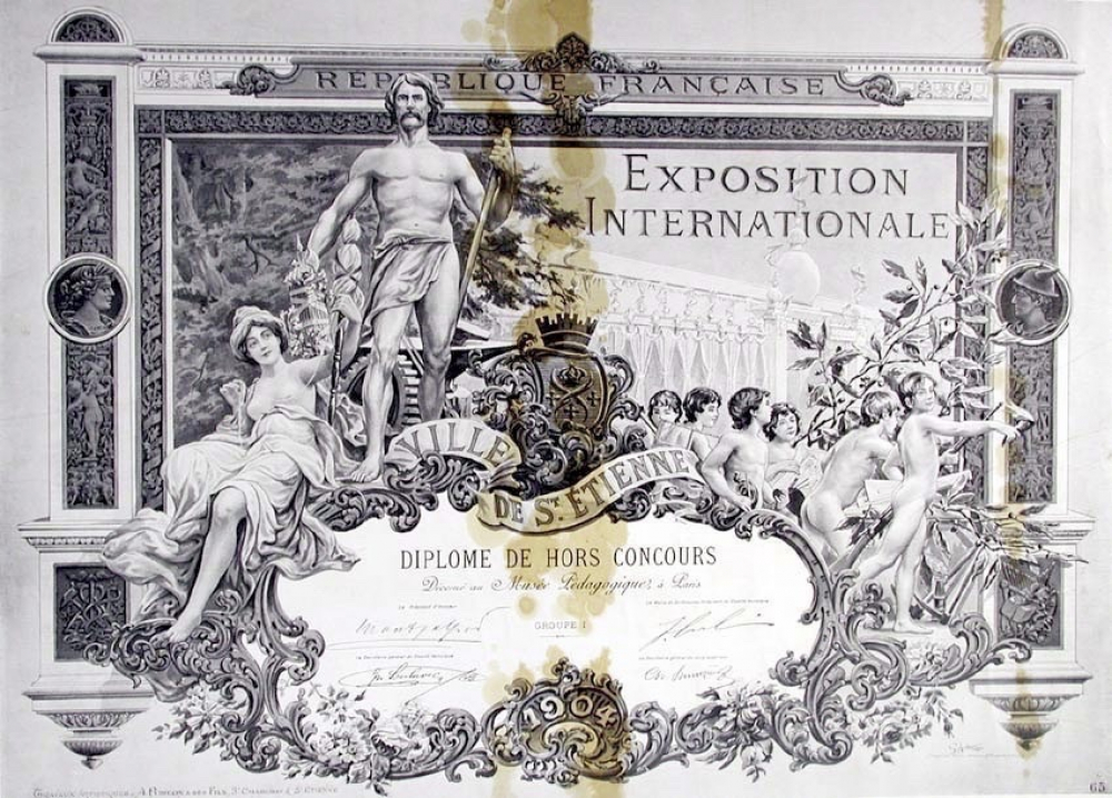 République Française. Exposition Internationale. Ville de St-Etienne. Diplôme de Hors Concours.
