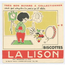 Buvard publicitaire. Biscottes La Lison. Cœur qui soupire n'a pas ce qu'il désire.