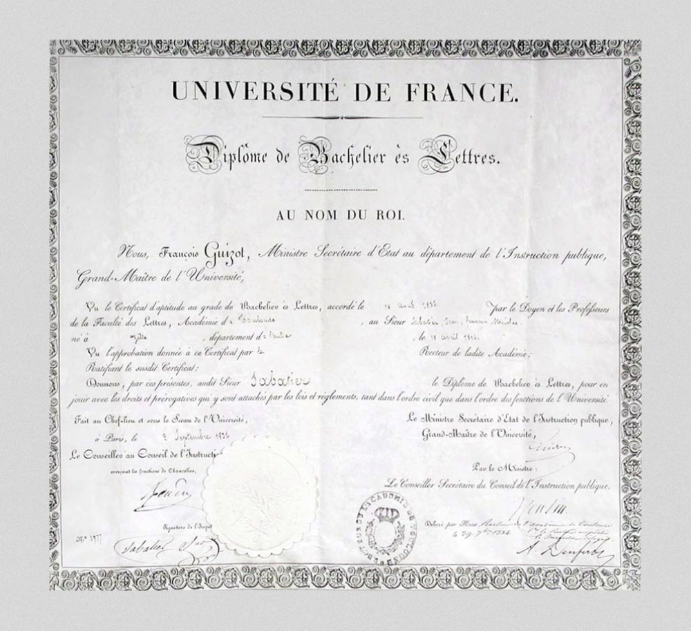 Université de France - Diplôme de Bachelier ès Lettres. Au nom du Roi.