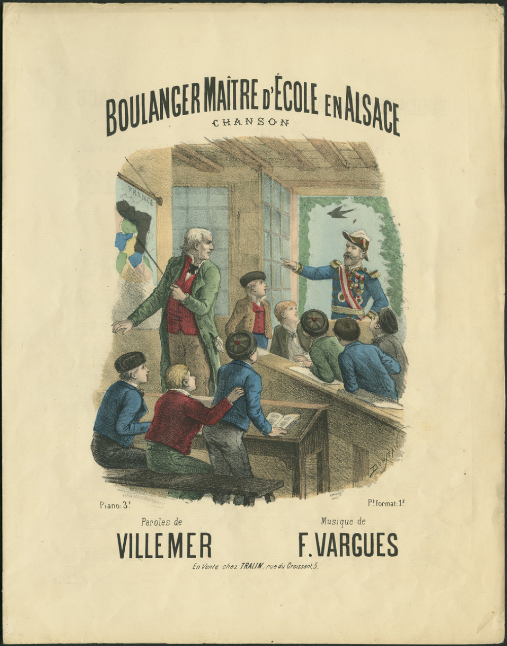 Partition musicale : Boulanger Maître d'école en Alsace. Chanson patriotique. Paroles de Villemer. Musique de Félicien Vargues. 