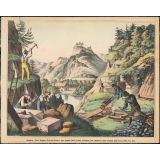 Bergbau. Stollen, Bergmann, Steinbruch, Steinhauer, Hacke, Brecheisen, Winkel, Hammer, Quadersteine, Leiter, Schubkarren, Felsen, Bergschloss, Hütte, Baüme, Wasser, Steg, Leiter.