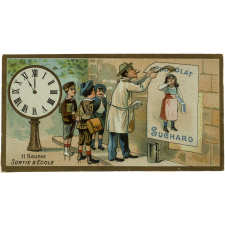 Carte réclame. Chocolat Suchard. 11 heures. Sortie d'école.
