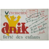 Buvard publicitaire. Vêtements Anik, fierté des enfants.