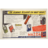 Buvard publicitaire. Piles Mazda. Un homme éclairé en vaut deux!