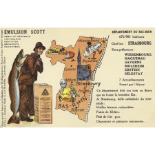 Émulsion Scott - Débilité générale, croissance, dentition, bronchite, rachitisme - Département du Bas-Rhin - 670.985 habitants - Chef-Lieu : Strasbourg - Sous-préfectures : Wissembourg, Haguenau, Saverne, Molsheim, Erstein, Sélestat.
