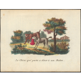 Fable de La Fontaine. Le chien qui porte a diner à son maître. Illustration.