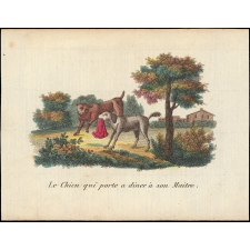 Fable de La Fontaine. Le chien qui porte a diner à son maître. Illustration.