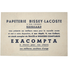 Buvard publicitaire. Papeterie Bissey-Lacoste - Bordeaux.