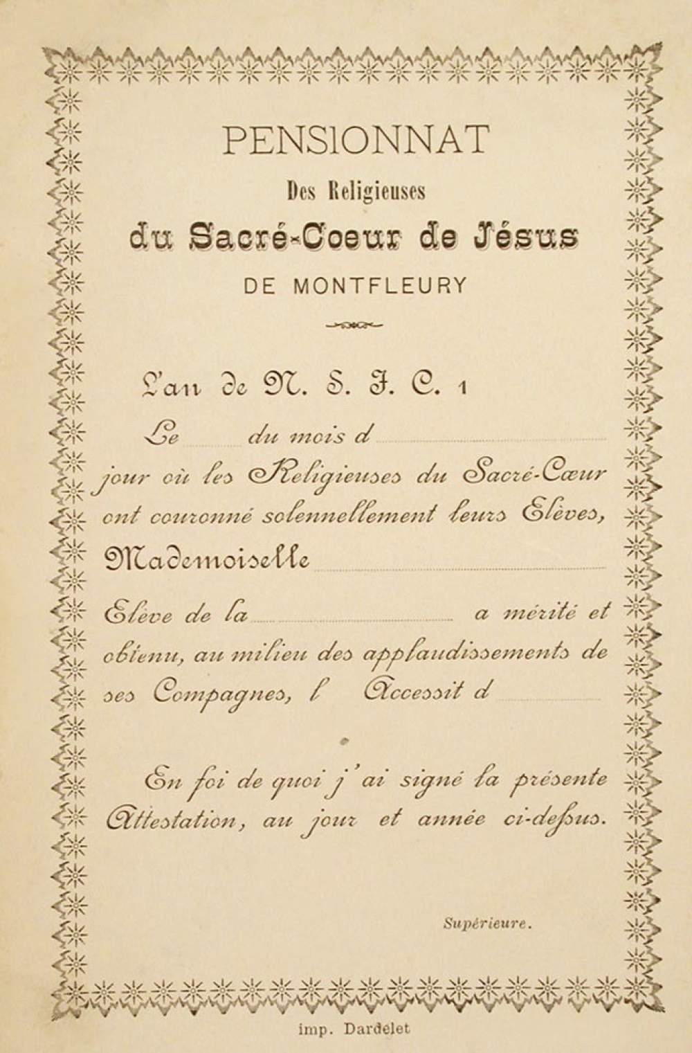 Ex-praemio . Pensionnat des religieuses du Sacré-Coeur de Jésus de Montfleury.