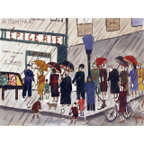 Queue sous la pluie devant l'épicerie Desrou. 