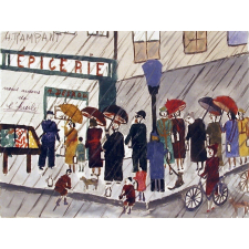 Queue sous la pluie devant l'épicerie Desrou. 